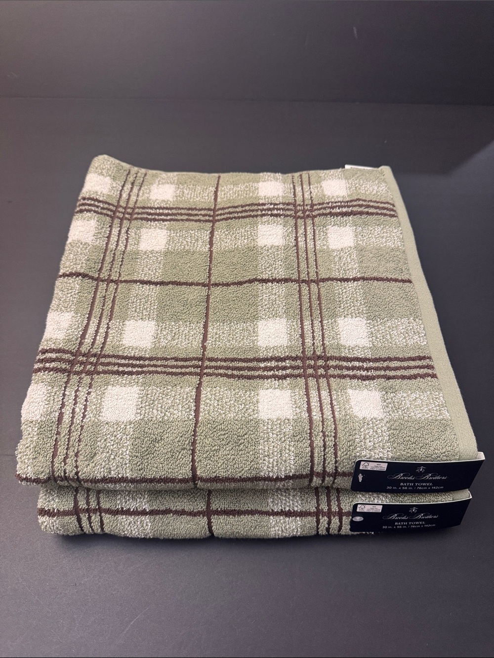 8pc BROOKS BROTHERS 100% Cotton Plaid Bath Towel Set - Sydney Plaid - Sage/Brown - Picture 2 of 13
